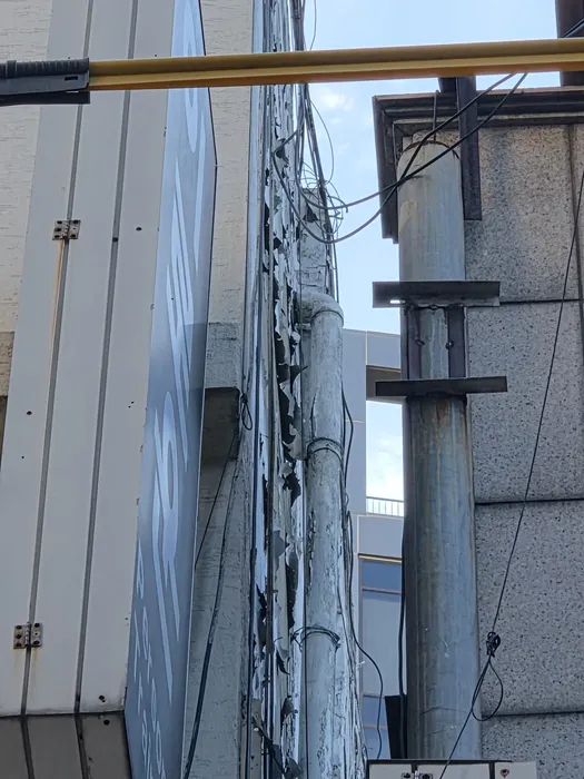 건물 틈새에 마감재가 찢어진 채 노출된 배관